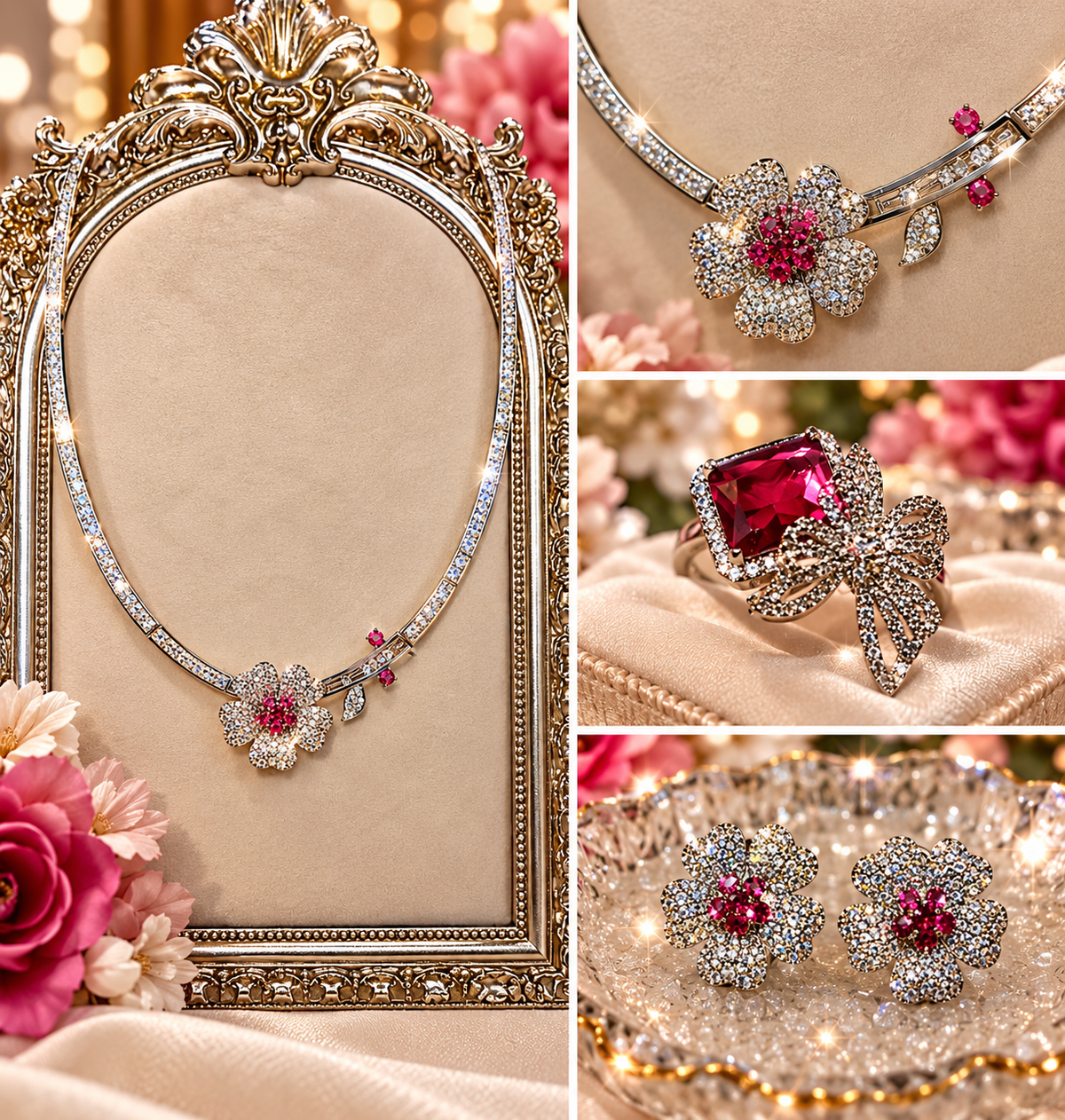 Rose Blossom Luxury Statement Jewelry Set – Necklace, Earrings & Ring From $69.95