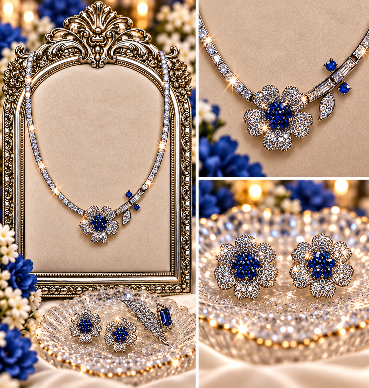 Sapphire Blossom Luxury Statement Jewelry Set – Necklace, Earrings & Ring - From $49.95