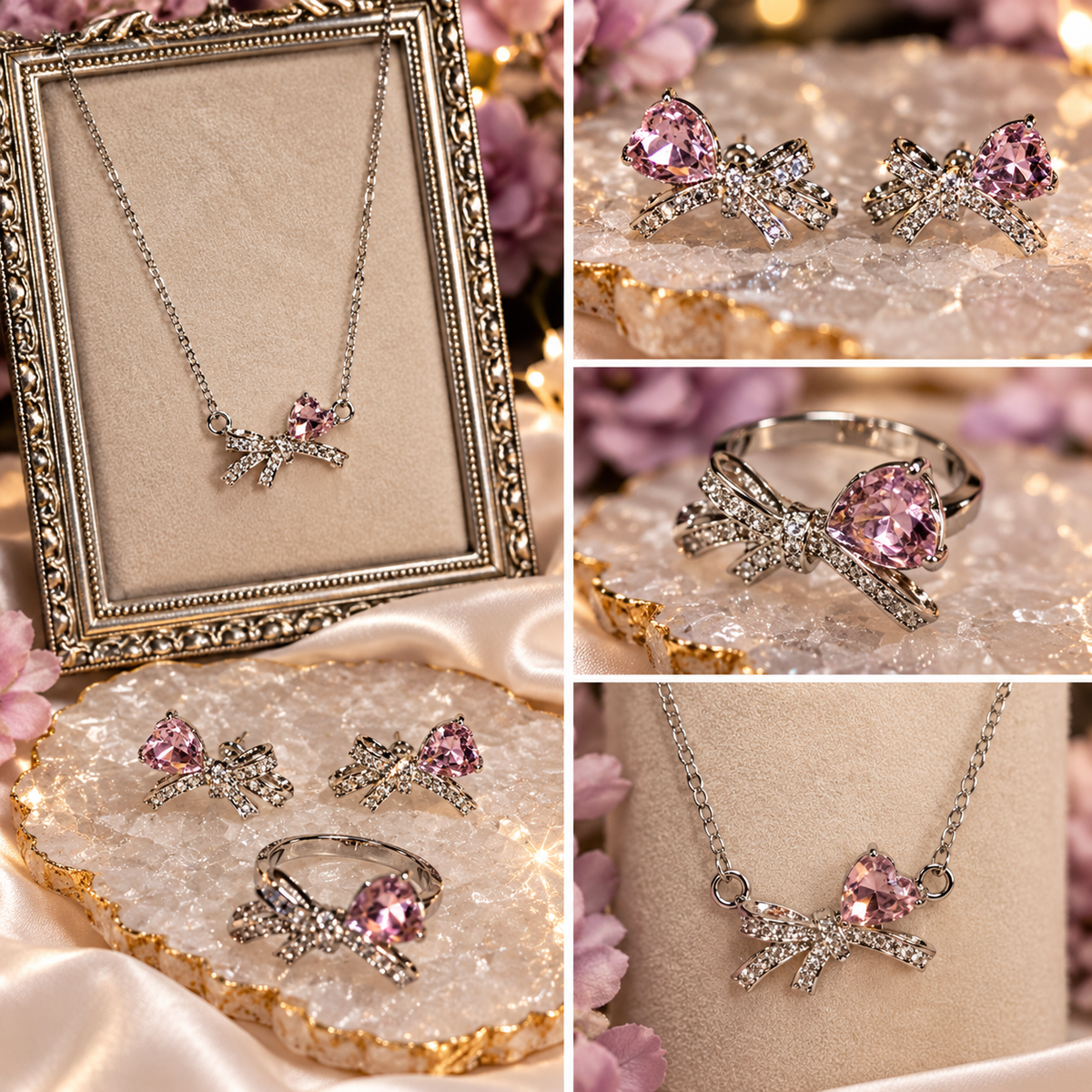 Blushing Heart & Bow 3-Piece Jewelry Set
