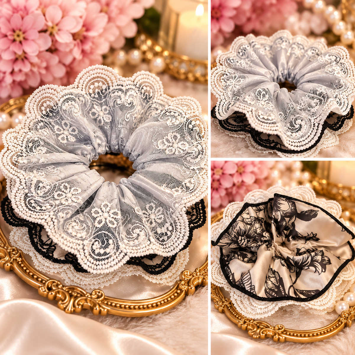Vintage Elegance Floral Satin & Lace Hair Scrunchie