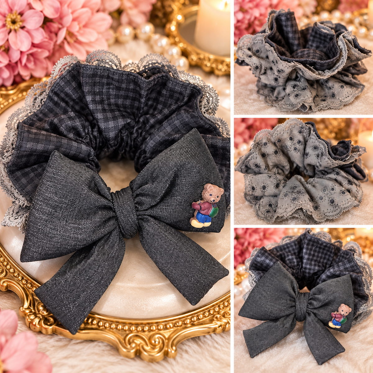 Vintage Teddy Bear Bow & Lace Hair Scrunchie