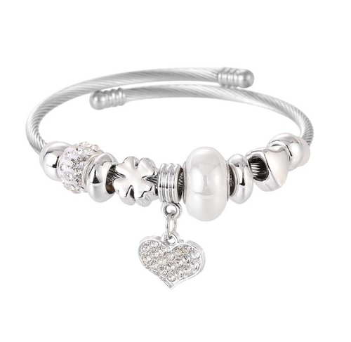 Crystal Heart Charm Bracelet – Adjustable Silver Bangle (Multiple Colors)
