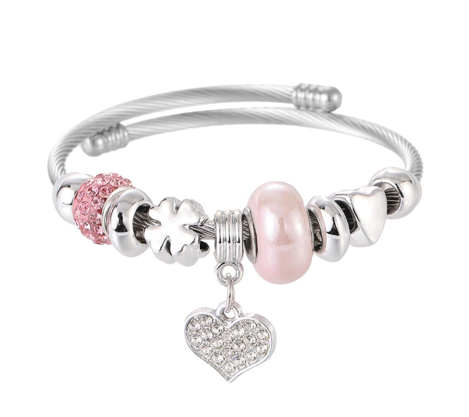Crystal Heart Charm Bracelet – Adjustable Silver Bangle (Multiple Colors)