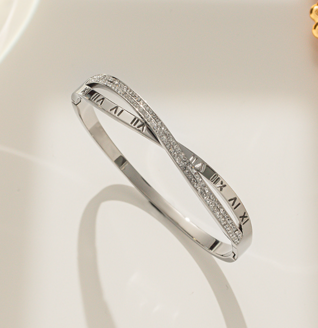 Elegant 925 silver plated Stainless Steel Bangle Bracelet with Roman Numeral Design and Sparkling Zirconia Accents
