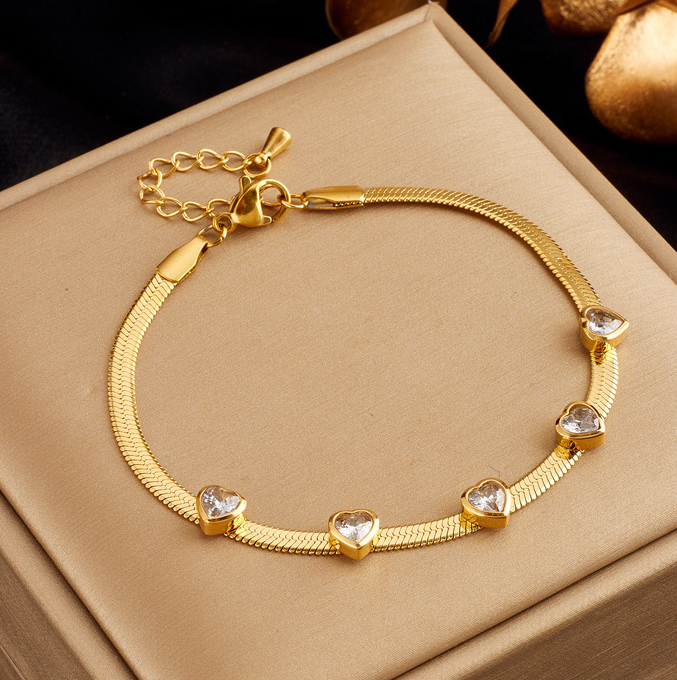 Elegant 18K Gold plated-Tone Snake Chain Bracelet with Heart-Shaped Crystal Details