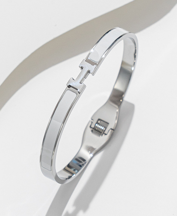 Elegant 925 silver plated Stainless Steel Bangle Bracelet with White Enamel Inlay and Minimalist Design