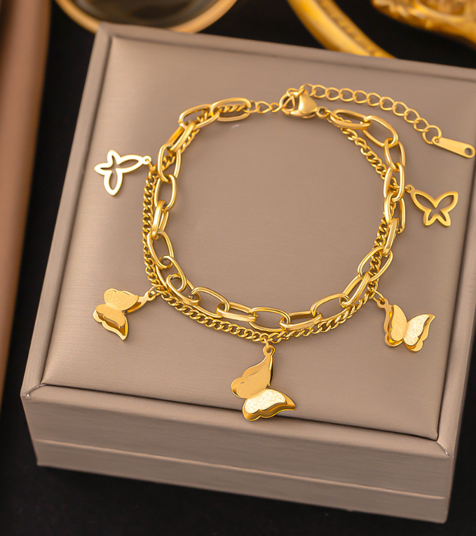 Elegant 18K Gold-Plated Stainless Steel Layered Chain Bracelet with Butterfly Charms