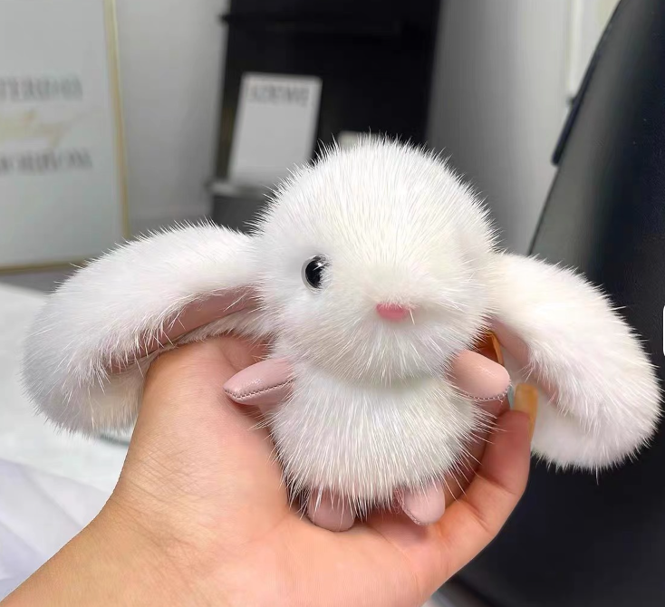 Cute Plush Bunny Keychain with Gold Ring – Soft Fluffy Rabbit Bag Charm
