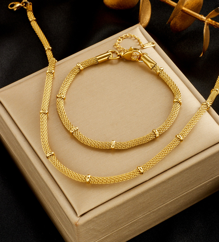 Luxury 18k Gold-Plated Mesh Jewelry Set – Stainless Steel Necklace & Bracelet with Charms, Adjustable for Women