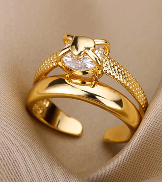 Luxury Adjustable Open Rings – 18K Gold Plated Copper with Zirconia, Multiple Elegant Leaf & Belt Buckle Styles for Women