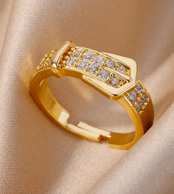 Luxury Adjustable Open Rings – 18K Gold Plated Copper with Zirconia, Multiple Elegant Leaf & Belt Buckle Styles for Women