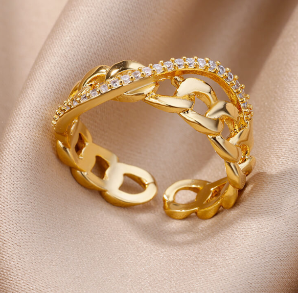 Luxury Adjustable Open Rings – 18K Gold Plated Copper with Zirconia, Multiple Elegant Leaf & Belt Buckle Styles for Women