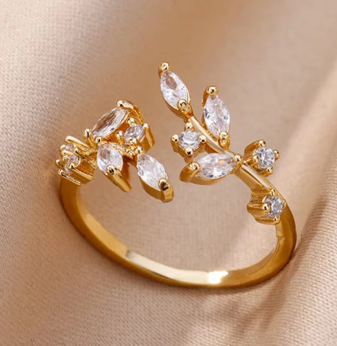 Luxury Adjustable Open Rings – 18K Gold Plated Copper with Zirconia, Multiple Elegant Leaf & Belt Buckle Styles for Women