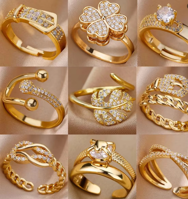 Luxury Adjustable Open Rings – 18K Gold Plated Copper with Zirconia, Multiple Elegant Leaf & Belt Buckle Styles for Women