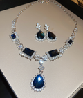 Elegant 925 Sterling Silver Blue Crystal Set with Teardrop Pendant Necklace and Coordinating Earrings