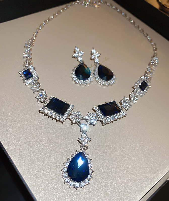 Elegant 925 Sterling Silver Blue Crystal Set with Teardrop Pendant Necklace and Coordinating Earrings