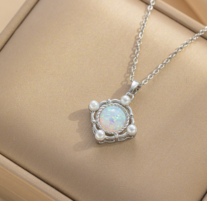 Elegant 925 Silver plated Necklace with Iridescent Opal Center Stone and Delicate Pearl Details