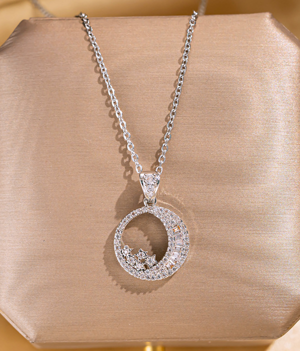 Elegant 925 Silver plated Open Circle Necklace with Celestial Star Accents and Sparkling Zirconia