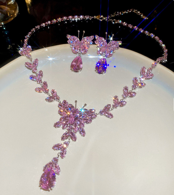 Luxury Pink Zirconia Butterfly 925 sterling silver plated Jewelry Set – Statement Necklace and Matching Drop Earrings