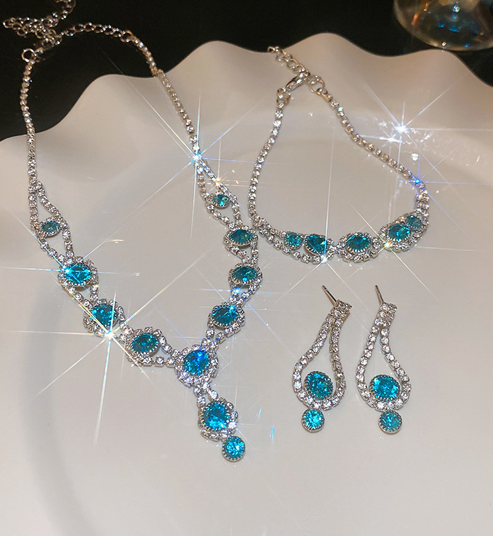 Blue Zirconia Statement 925 sterling silver plated Jewelry Set – Crystal Necklace, Bracelet & Drop Earrings