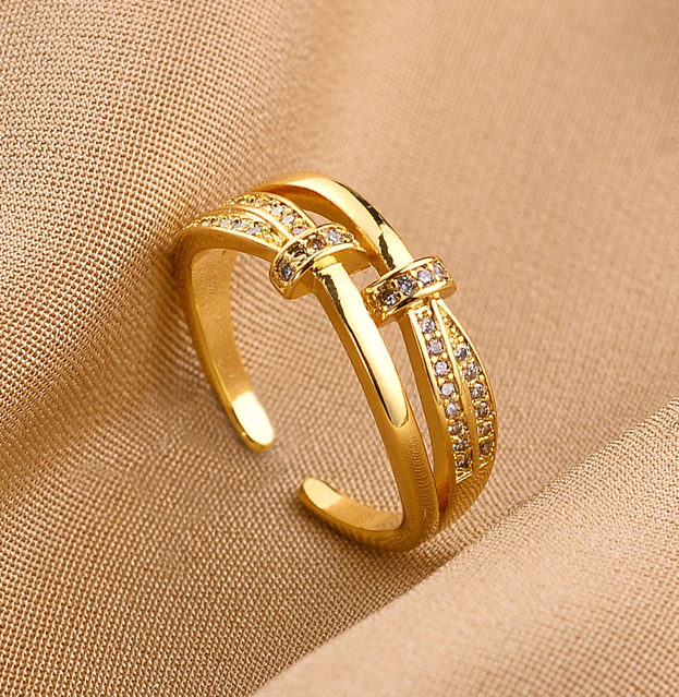 Elegant Double Layer Crystal Ring – Adjustable 18K Gold Plated Stainless Steel