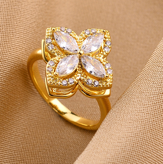 Golden Bloom Crystal Ring – Elegant 18K Gold Plated Steel