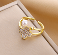 Luxe Clover & Pearl Open Ring – 18K Gold Plated, Adjustable Fit