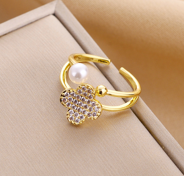 Luxe Clover & Pearl Open Ring – 18K Gold Plated, Adjustable Fit