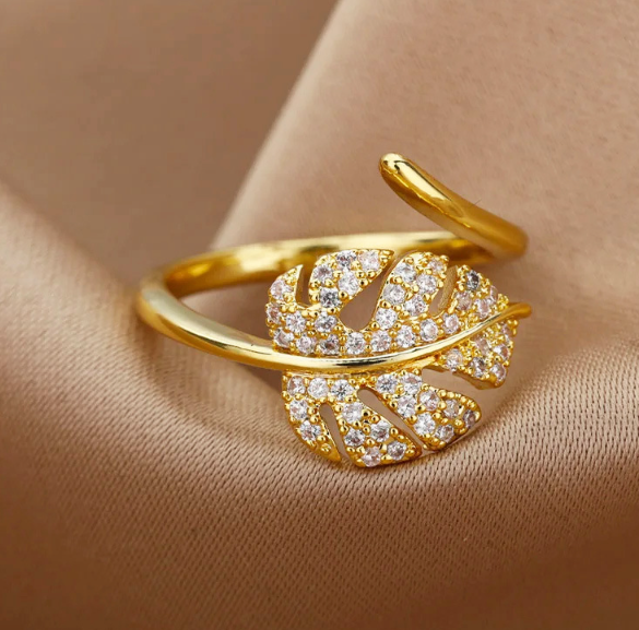 Luxury Adjustable Open Rings – 18K Gold Plated Copper with Zirconia, Multiple Elegant Leaf & Belt Buckle Styles for Women