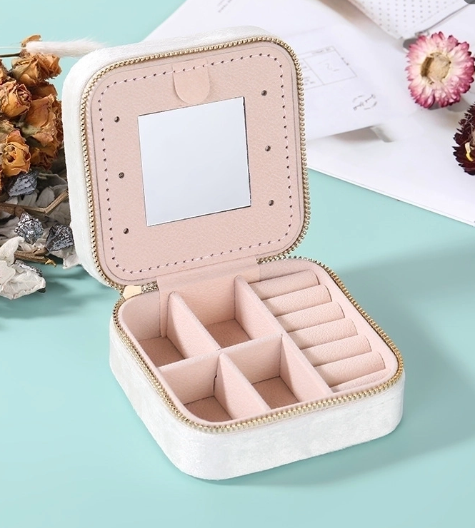 Velvet Travel Jewelry Organizer – Double-Layer Case with Mirror and Zipper, Perfect for Earrings, Rings, Necklaces, and Gifts