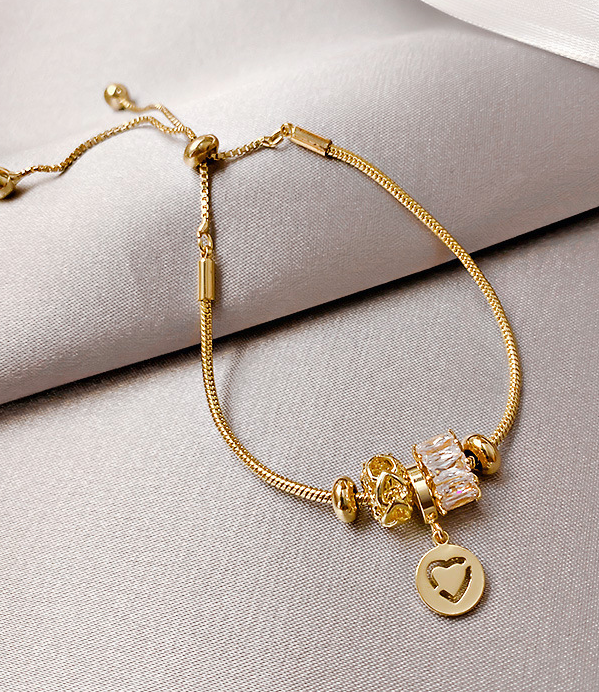 Elegant 18k Gold plated  Slider Bracelet with Crystal Charm Beads and Heart Pendant Accent