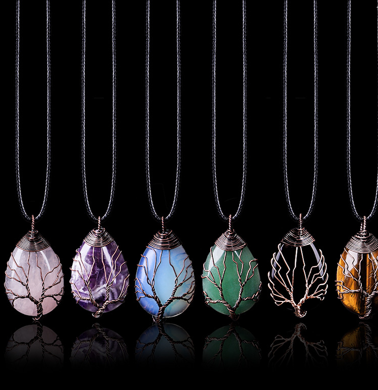 Tree of Life wire-wrapped real natural stone pendant necklace in a waterdrop shape, crafted with bronze copper wire. A boho-inspired piece with a unique, earthy feel.