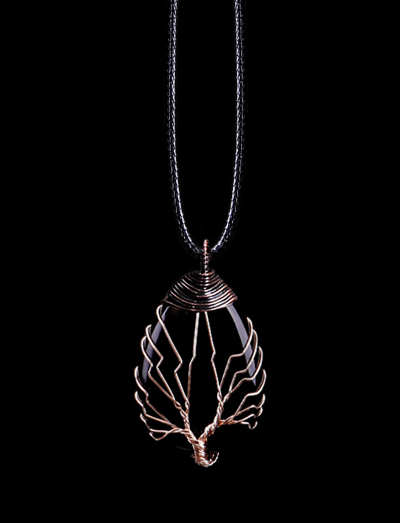 Tree of Life wire-wrapped real natural stone pendant necklace in a waterdrop shape, crafted with bronze copper wire. A boho-inspired piece with a unique, earthy feel.