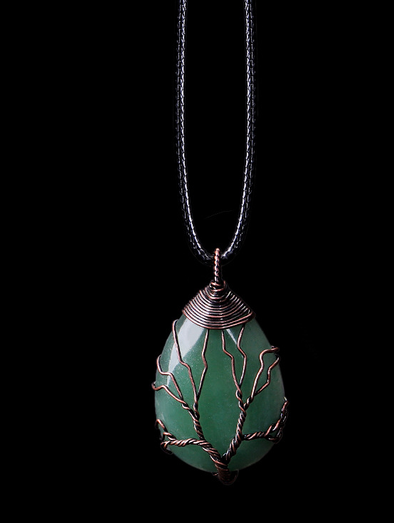 Tree of Life wire-wrapped real natural stone pendant necklace in a waterdrop shape, crafted with bronze copper wire. A boho-inspired piece with a unique, earthy feel.