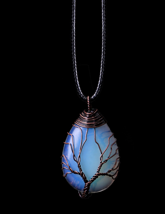 Tree of Life wire-wrapped real natural stone pendant necklace in a waterdrop shape, crafted with bronze copper wire. A boho-inspired piece with a unique, earthy feel.