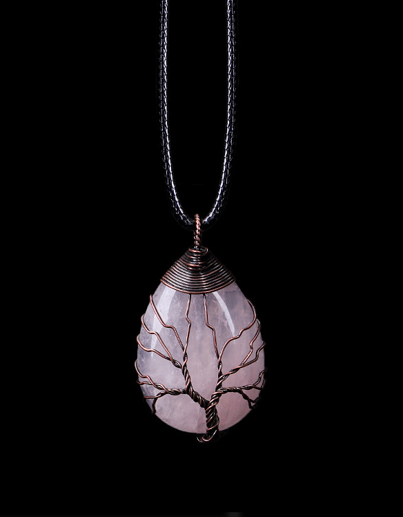 Tree of Life wire-wrapped real natural stone pendant necklace in a waterdrop shape, crafted with bronze copper wire. A boho-inspired piece with a unique, earthy feel.