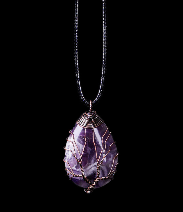 Tree of Life wire-wrapped real natural stone pendant necklace in a waterdrop shape, crafted with bronze copper wire. A boho-inspired piece with a unique, earthy feel.