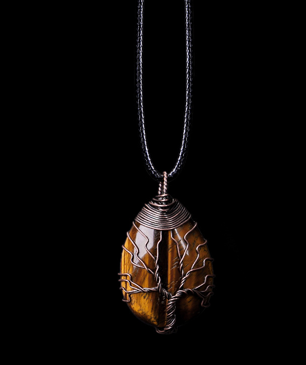 Tree of Life wire-wrapped real natural stone pendant necklace in a waterdrop shape, crafted with bronze copper wire. A boho-inspired piece with a unique, earthy feel.