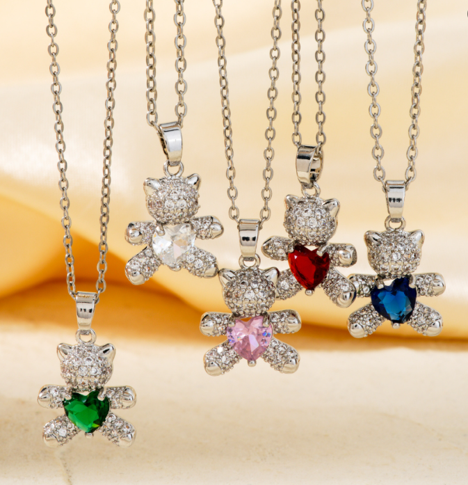 Sparkling Teddy Bear Necklace – Gold & Silver Plated (Multiple Colors)