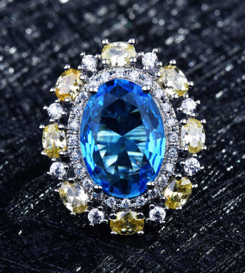 Royal Halo Yellow or Blue Crystal Ring – 18K Gold Plated Copper (Adjustable)