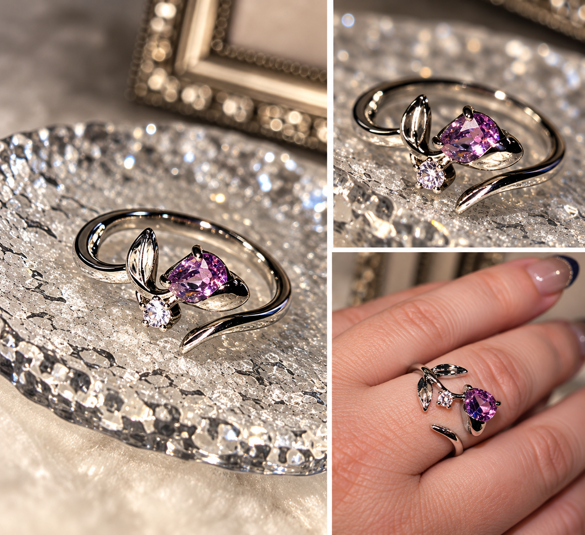 Pink Blossom Adjustable Ring – Silver Plated Stainless Steel