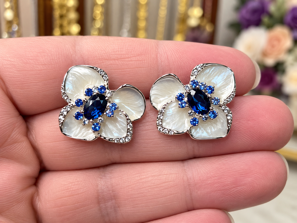 Midnight Bloom Blue & Pearl Floral Earrings
