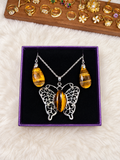 Genuine Tiger’s Eye Butterfly Necklace & Earring Set
