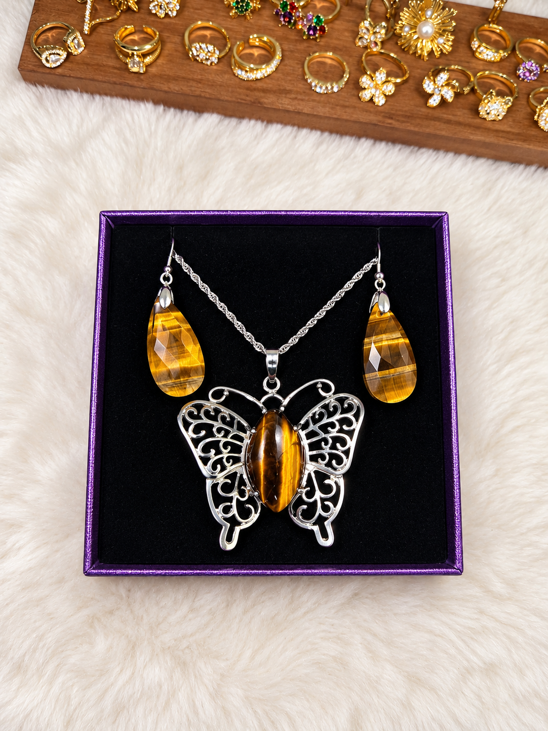 Genuine Tiger’s Eye Butterfly Necklace & Earring Set