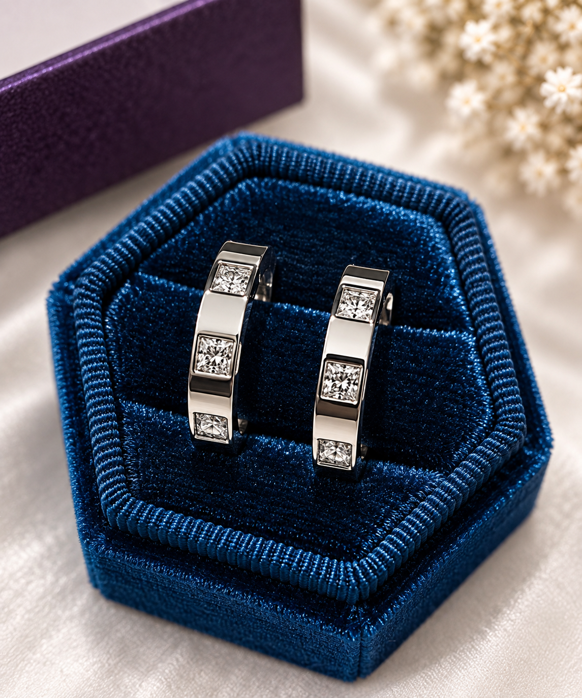Celeste Square Crystal Huggie Hoop Earrings – Silver Tone