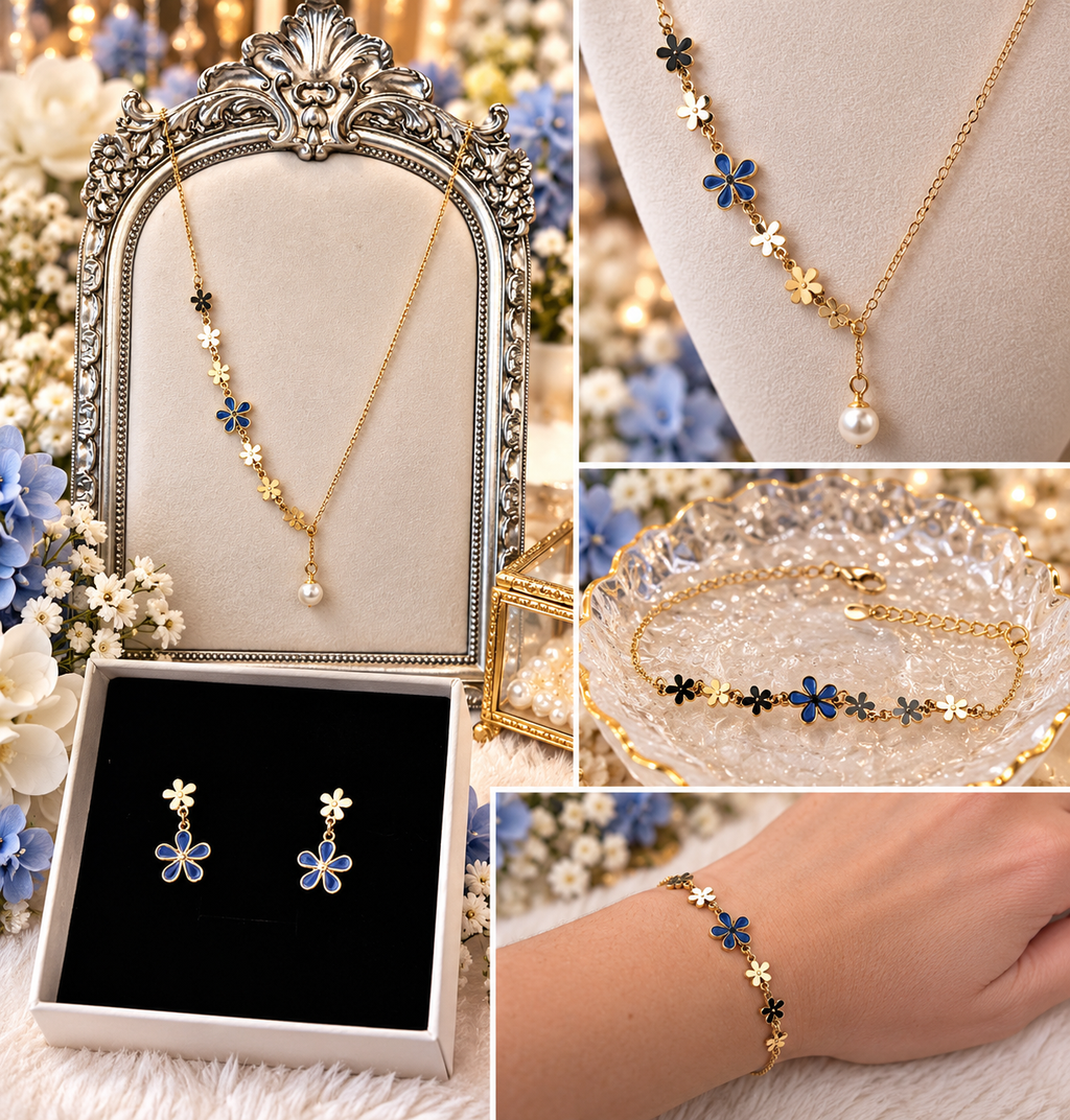 💙 Blue Blossom Gold-Plated Stainless Steel Jewelry Set - FROM $29.95