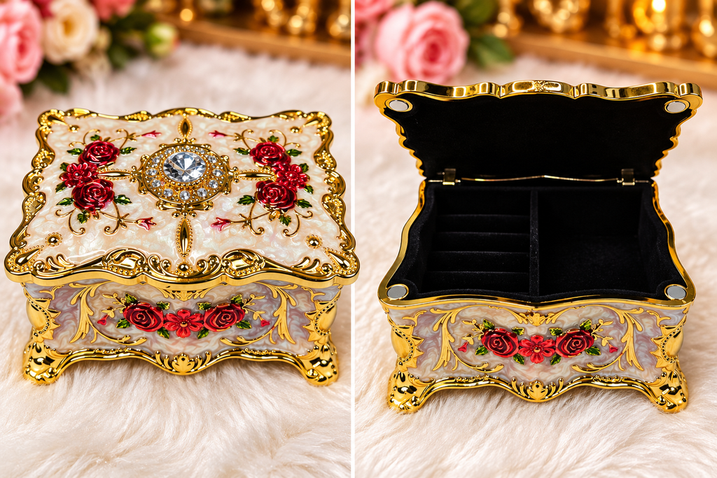 Vintage Rose & Crystal Jewelry Trinket Box