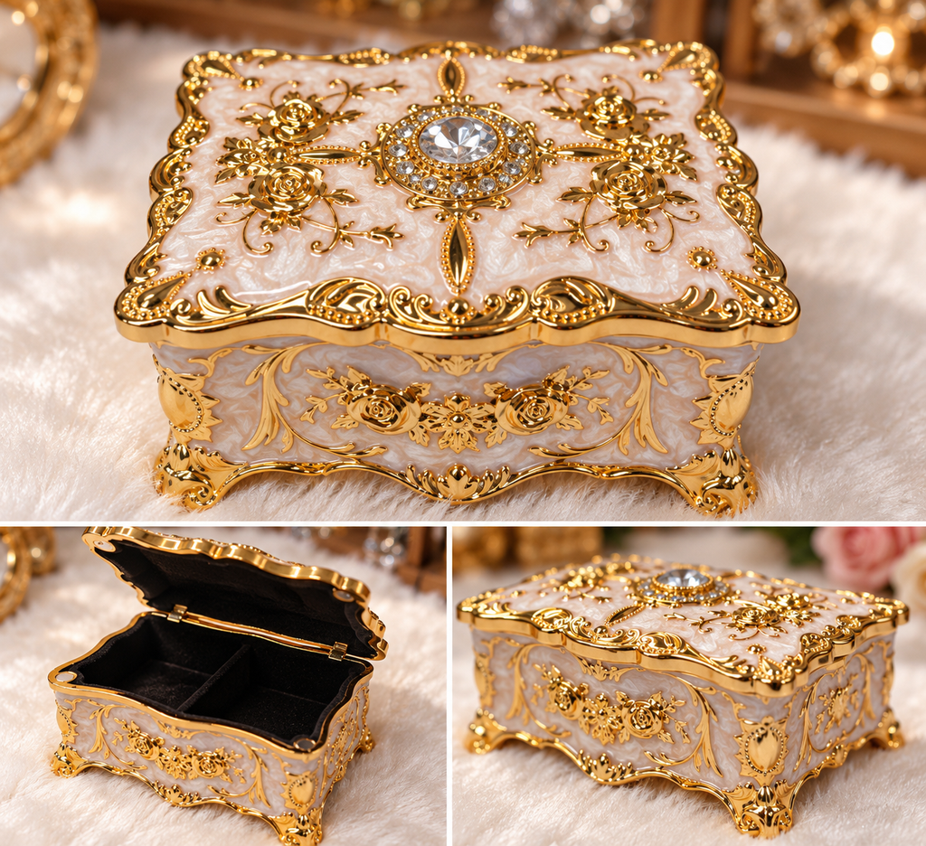 Vintage Rose & Crystal Jewelry Trinket Box