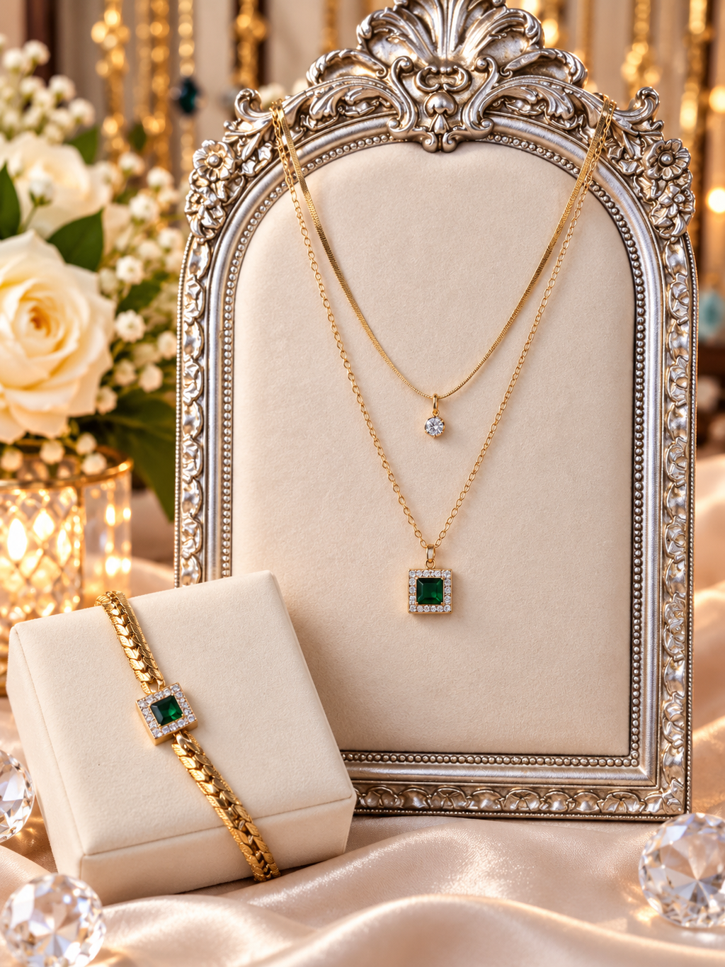 18K Gold Emerald Elegance Necklace & Bracelet Set