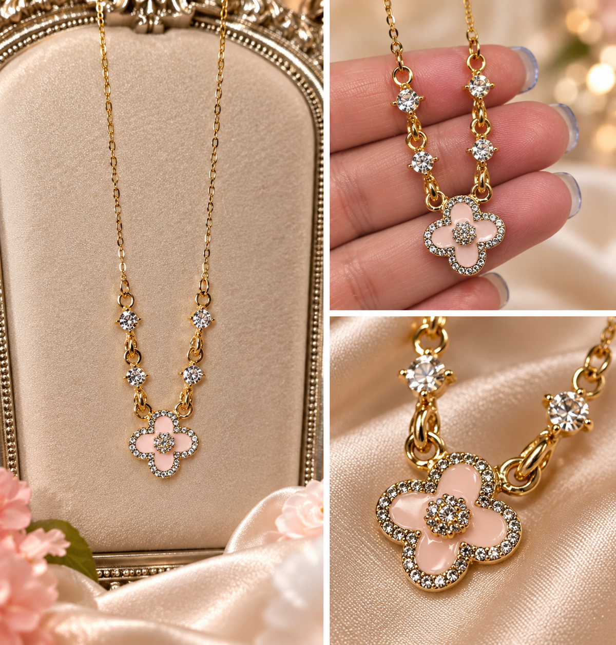 Elegant Pink Clover Gold-Plated Stainless Steel Necklace